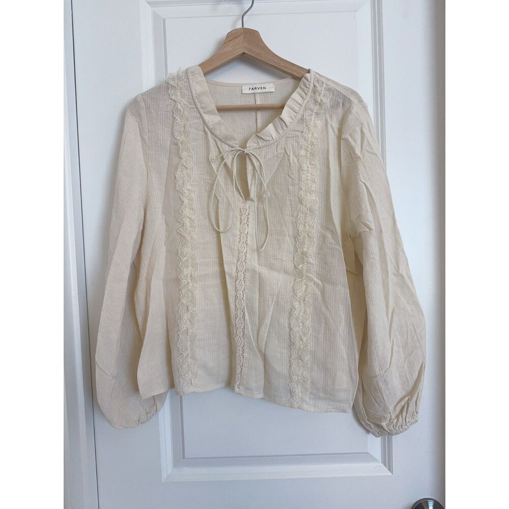 FARVEN Bell Lace Blouse Cream Cotton Blend Balloon Sleeve Top